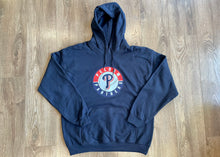 Load image into Gallery viewer, Navy blue hoodie with a logo on a wooden floor