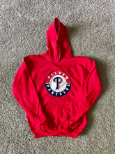 Load image into Gallery viewer, Red hoodie with a logo on a gray carpet
