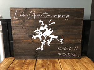Lake with Coordinates Pallet Sign